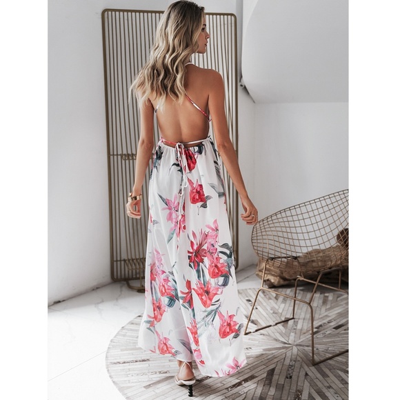 Deep V Backless Strappy White Floral Maxi Dress - Picture 4 of 14